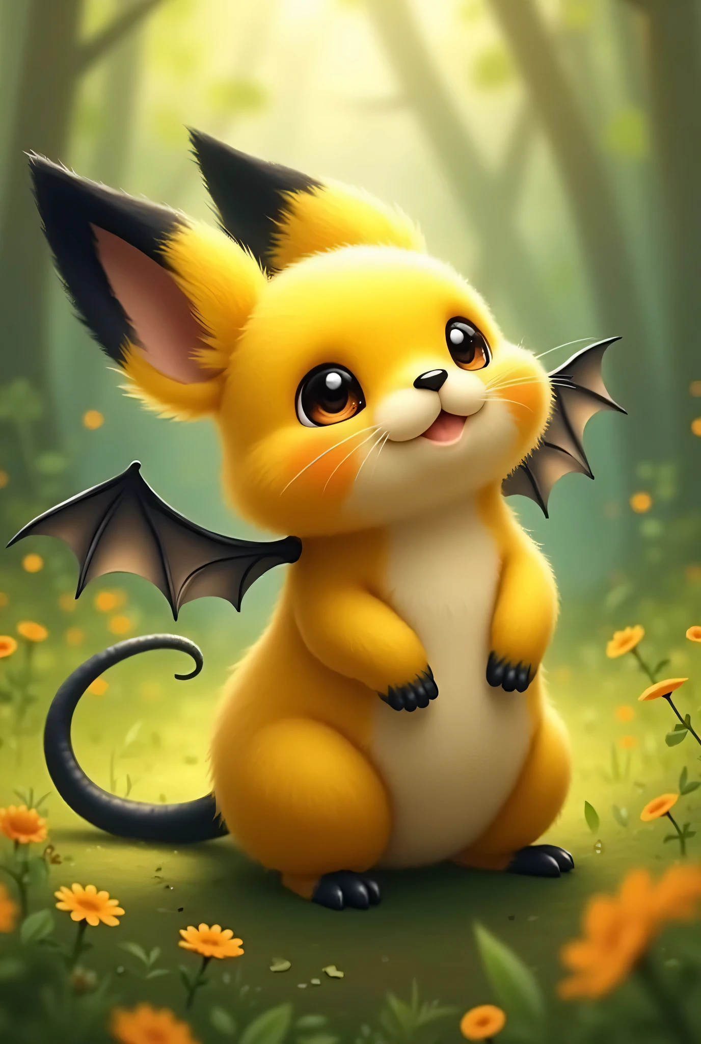 animals similar to foxes and rats are yellow with black shades, cute, sharp winding tail of black color, like pikachu, has wings like a bat