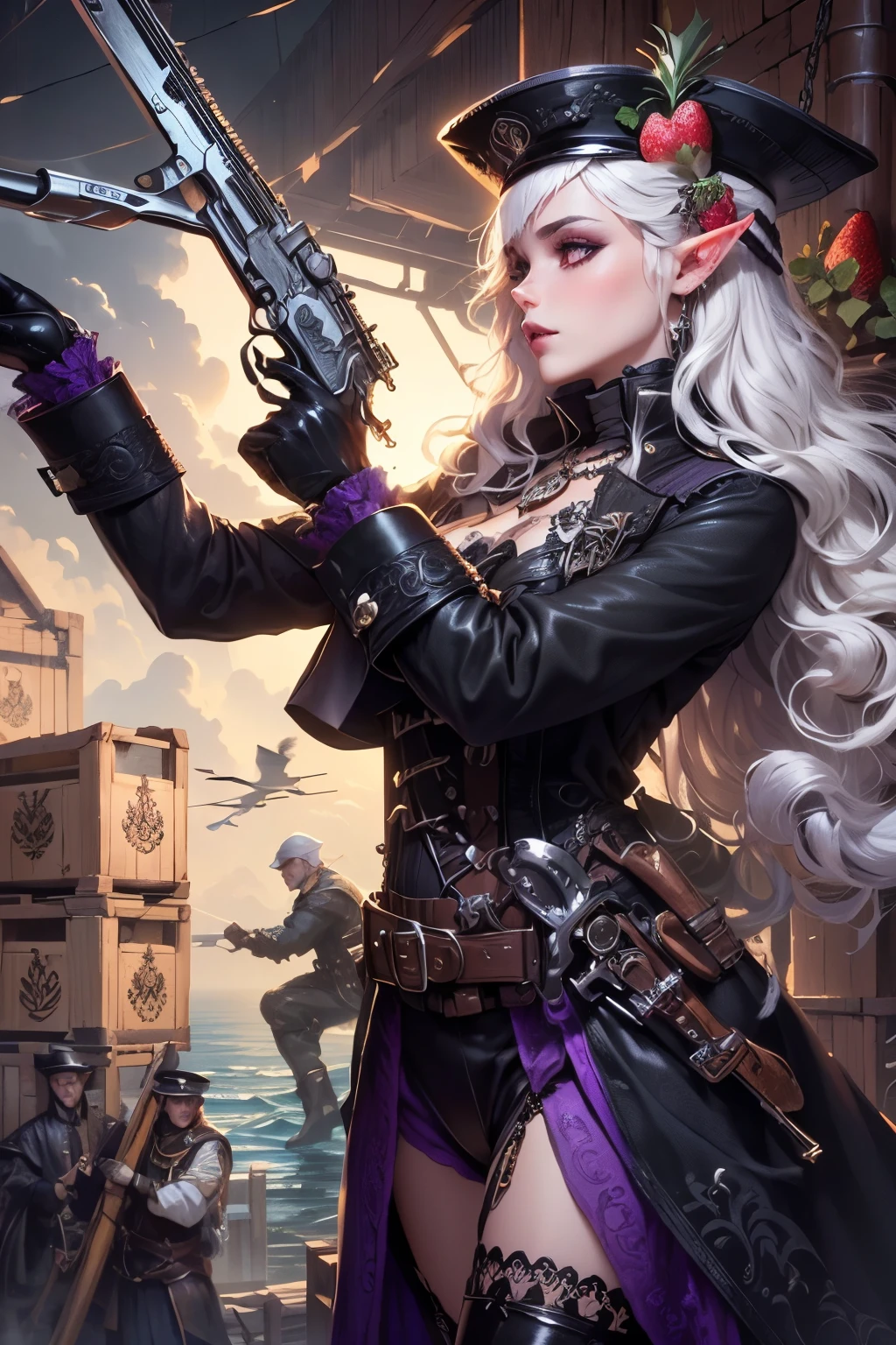 (Ultra-detailed face, Looking Away, Gothic Illustration, Dark Tone Colors.) , BREAK 
(A medieval European-style military port during wartime. A female dark elf officer, in a bold pose, instructs sailors to use a wooden crane to load a large number of crates containing shells with pineapple designs stacked on wooden pallets and a long, narrow box containing a harpoon with a heart-shaped strawberry at its tip. She has a flintlock short gun with a banana design inserted in her waistband.) , BREAK 
(The female dark elf officer has white hair and white eyebrows, crisp bangs, long wavy hair to her waist, small pink lips, lavender eyes, dark purple skin, and dark eyeliner.), (She wears a shiny black bib necklace with a net covering her neck. She wears a purple medieval European classic naval officer style lace up dress with embroidery and gold braid. She wears black boots with silver embellishments.)