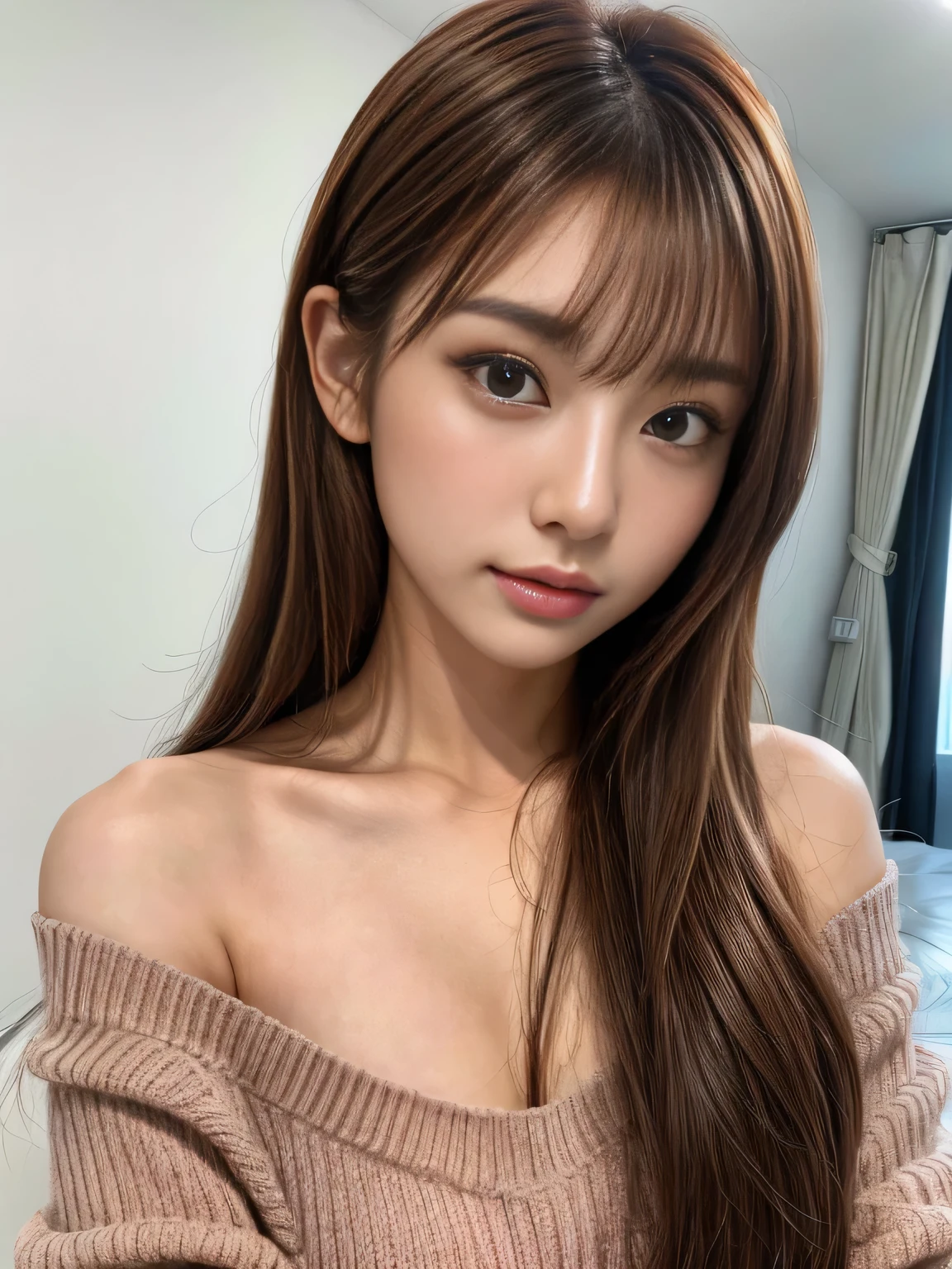 ((8k, highest quality、Super realistic、Realistic))Very attractive adult beauty、Beautiful woman full of adult charm、long hair、shiny hair、lip gloss),Please tilt your head slightly, shiny hair、camisole、bangs、Big eyes、eyelash、face is a little red、embarrassing)、絶対に美しいbangs:1.4))、Big eyes、very beautiful beauty、long neck、smile a little、28 years old、very cute super model、bed、selfie、(((Rubbing your chest with your own hands)))、two hands