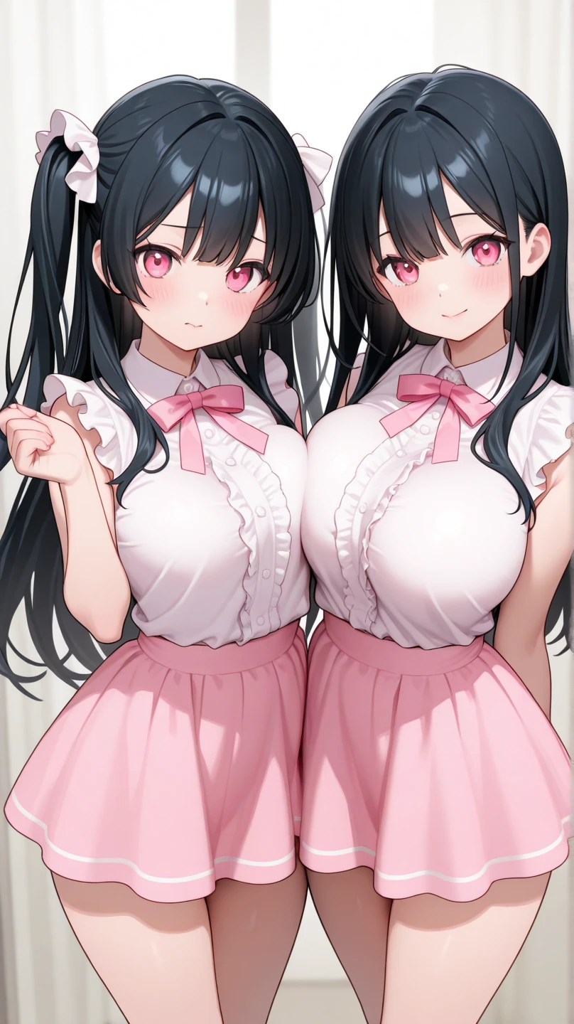 ultra-detailliert, Best Quality, High resolution, ((Two cute s with big faces and black hair.))、Pretty eyes、Detailed eye depiction、Eye sparkle、Sareme、Looking at Viewer, pale skin、(((Petite))), (Naked nightgown)、(flat chest), (big glasses), (blush:1.2), (big eye:1.5), Shy smile, NSFW, In bed, Focus on the face, Long hair, ((The upper part of the body))、from side