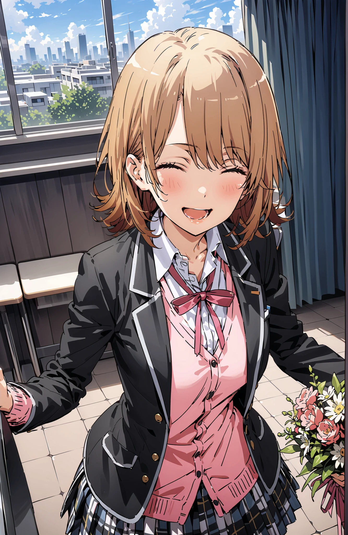 Irohaisshiki, Ishizaki Iroha, solo,short hair,close your eyes,brown hair,smile,blush,open your mouth,skirt for ears, shirt, ribbon, uniform, jacket, white shirt, opens clothes, open jacket, black jacket, plaid, plaid skirt for ears, blazer, cardigan,pink cardigan,  black high socks,sobu high uniform,Holding a bouquet of flowers with both arms,standing, Beautiful Streetscapes,window,curtains,machine,chairs,noon,全身がillustrationsに入るように,break indoors, Classroom,
break (masterpiece:1.2), top quality, high resolution, Unity 8k 壁紙, (illustrations:0.8),Highly Detailed Faces,  perfect lighting on the table, extremely detailed CG, (perfect hand, perfect anatomy),