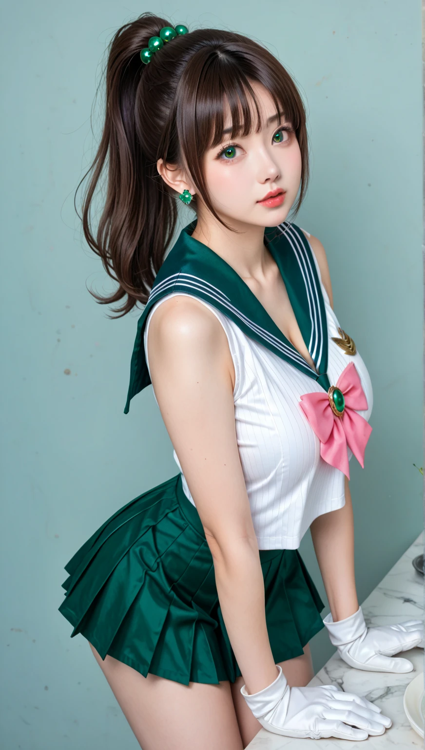 masterpiece, best quality, highres, hmjupiter, green eyes, ponytail, tiara, jewelry, sailor senshi uniform, green sailor collar, choker, elbow gloves, white gloves, pink bow, brooch, leotard, green skirt, <lora:sailor_jupiter_v1:0.7>, standing, cowboy shot, outdoors, pregnant