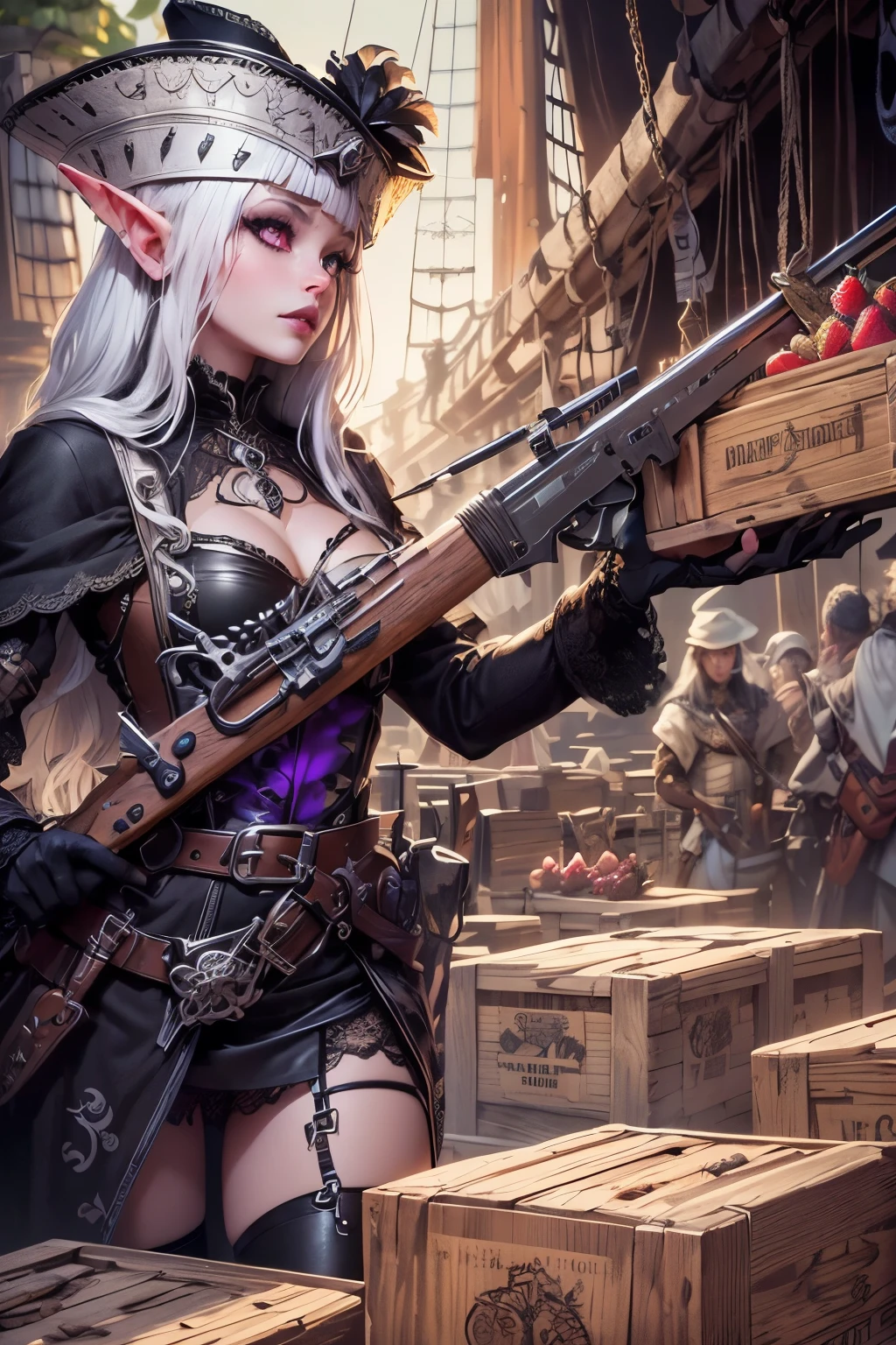 (Ultra-detailed face, Looking Away, Gothic Illustration, Dark Tone Colors.) , BREAK 
(A medieval European-style military port during wartime. A female dark elf officer, in a bold pose, instructs sailors to use a wooden crane to load a large number of crates containing shells with pineapple designs stacked on wooden pallets and a long, narrow box containing a harpoon with a heart-shaped strawberry at its tip. She has a flintlock short gun with a banana design inserted in her waistband.) , BREAK 
(The female dark elf officer has white hair and white eyebrows, crisp bangs, long wavy hair to her waist, small pink lips, lavender eyes, dark purple skin, and dark eyeliner.), (She wears a shiny black bib necklace with a net covering her neck. She wears a purple medieval European classic naval officer style lace up dress with embroidery and gold braid. She wears black boots with silver embellishments.)