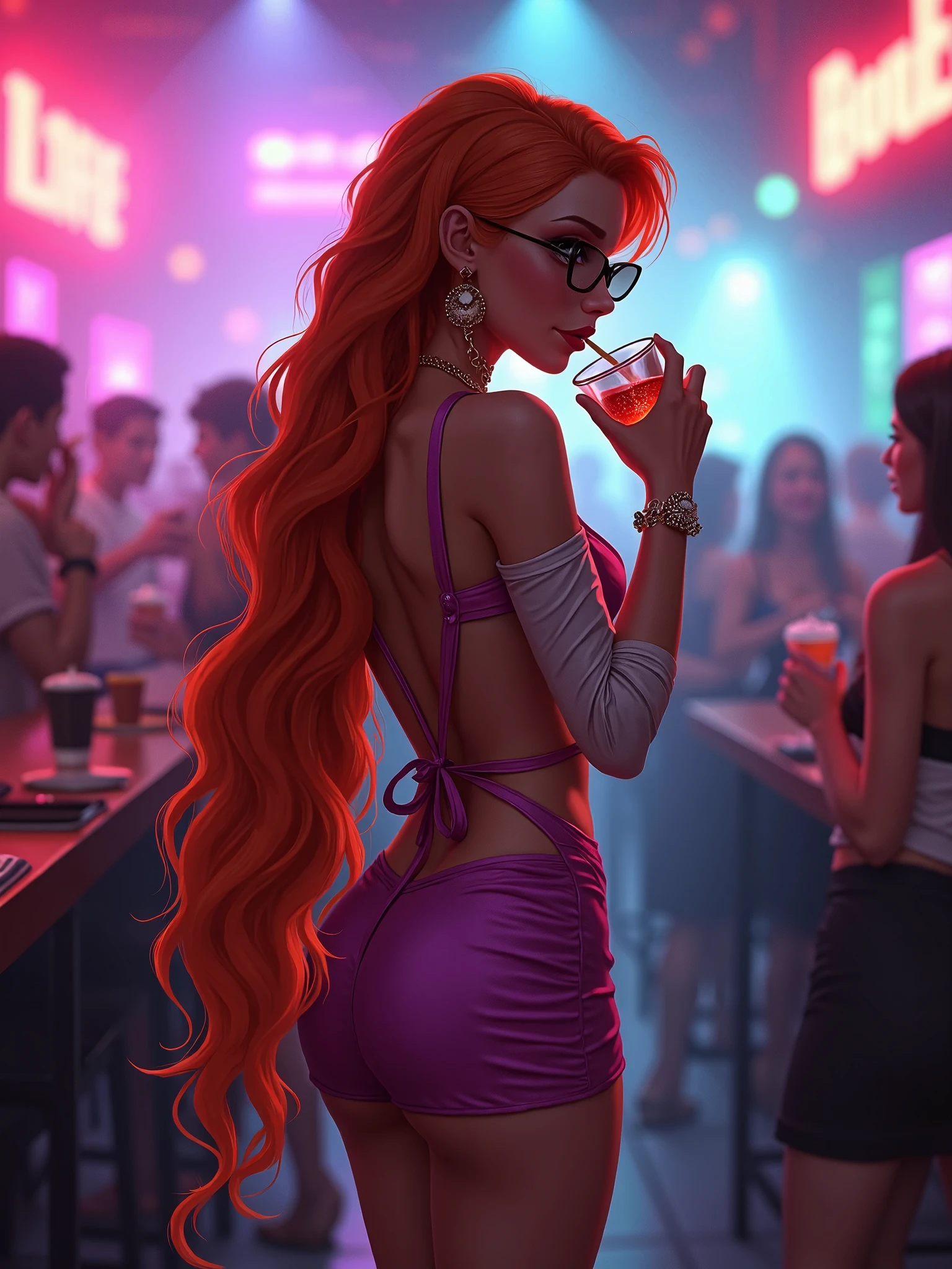  Best quality, perky tits, 8K,  Suspender stockings, Woman, medium breasts, Jazz Club, (Red dress:1.2) (Black dress:1.4), bob haircut, choker on the neck, starry eyes, black style, professional, (Red hair:1.3) (purple hair:1.1) full height, girl sitting at the club counter, dim light in the room, Japan