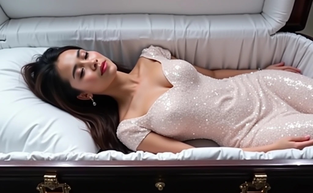 In a striking 8K HDR scene, a stunning Korean woman, 22 years old, lies peacefully in a coffin and coffin cover surrounded by plush pillows behind head. The deep box is set against a rich black background, accentuating the beauty of the subject. Her exquisite deep-V neckline kebaya attire is embroidered with superb detail, showcasing her round and firm breasts, perfect cleavage, and beautiful eyebrows. Her closed eyes and mouth give an air of serenity, while her visible and absolute cleavage leave nothing to imagination. The scene is bathed in saturated colors, highlighting every intricate aspect from the ball skirt to her clean face, straight body, detailed hand perfect hands, straight body, own hands together, own hand on stomach, detailed hands, perfect hands, holding the flowers, wearing higheels.