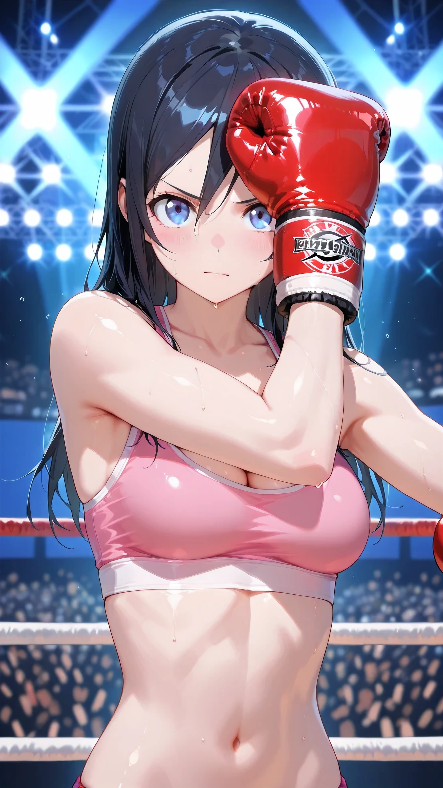 ayase aragaki, long hair, blue eyes, black hair, solo, Detailed eyes, pink sports bra, pink sports very short spats, boxing gloves, thigh, cleavage, slim long legs, medium breast, glaring, looking at viewer, Detailed eyes, Detailed face, (upper body shot), (uppercut), boxing ring, spectator seats, spot lights, depth of field, (High quality, Ultra detailed, best quality, insanely detailed, beautiful, masterpiece),