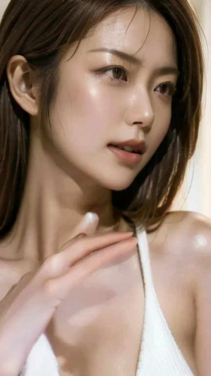 Beautiful and handsome woman, ((best quality, 8K, masterpiece:1.3)), Beautiful woman, 1 female, Huge breasts:1.3, Slim body:1.1, Elastic dark brown hair, (take a shower, Wet, Wet clothes:1.1), The face is rich in detail, Delicate lips, Fine particles, Double eyelids