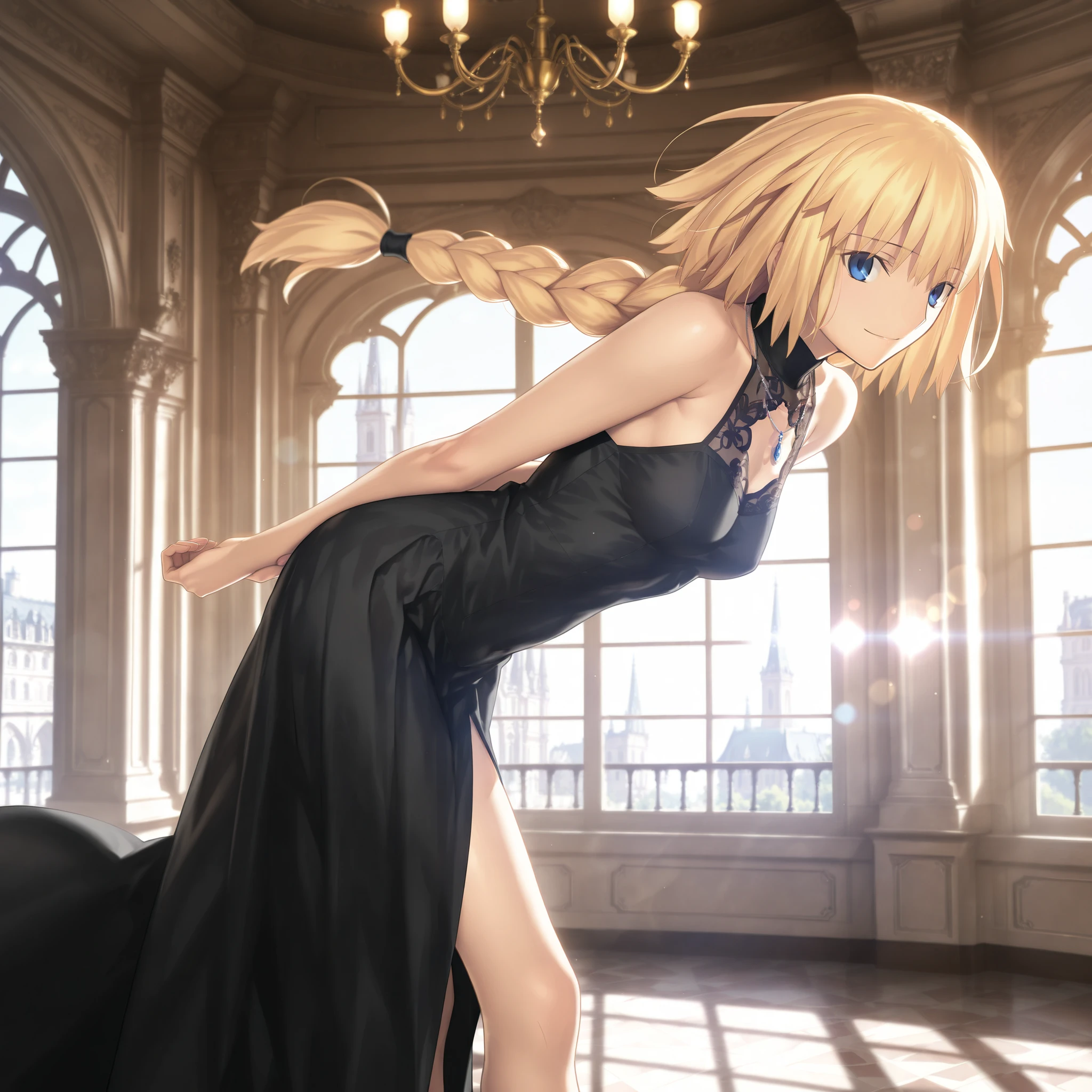 masterpiece, , absurdres, highres, detailed background, high resolution, masterpiece, necessary, detail, best quality, quality, necessary, details, High details, Precise, indoors, chandelier, european architecture, lens flare, blurry background, from side, ,solo,                                            
                                                                                                                                                                                                                         1girl, , Takeuchi Takashi (type-moon,tsukihime) style, takeuchi takashi style, (((leaning forward, bent over))), (arms behind back), light smile ,necklace, 
   
tall girl, mature, jeanne d arc, \(fgo\), blue eyes, , jeanne d arc, blonde hair, medium hair, ( floating hair ), (black lace dress), , big braid, single braid, small breasts, looking at viewer, bare thigh ,side slit,                                                                                                                                                                                                                                                                                                                                                                                                                                                                                                                                                                                     