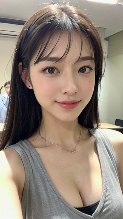 (((smile、Focus on the eyes:1.1、Extremely detailed:1.22、Ultra-high resolution、masterpiece:1.45、Highest quality)))、((((Whole body expression:1.68、camisole、Leaning forward、One person))))、long, straight black hair、So that every single hair is clearly visible、The subtle color changes of hair depending on how the light hits it、 Skin has a natural glow、Fine skin texture、Representing the fine details of pores:1.25、Details of the light redness on the forehead and cheeks、(((Eyes with fine iris details、The eyes depict color gradations and patterns.、Long, natural-looking eyelashes, each and every one visible、Well-groomed eyebrows、眉毛のindivual々The hair is clearly visible、Light reflecting off into the eye、The light in the eyes creates small highlights)))、The nose is delicate、Fine detail on the nostrils、Lips are plump and naturally pink、Depicts the fine lines and soft curves of the lips、lips are shiny and、The gloss on your lips accentuates their shape.、(((Detailed depiction of lip texture、Particular attention to the depiction of light and shadow、Soft natural light gently illuminates the face from the front、A faint glow on the forehead、A slight shine on the nose、A slight glow on the cheeks、Shadows are cast softly along the contours of the face、Accentuate the sides of your cheekbones、Accentuate the sides of the jawline、Emphasize the sides of the nose、The gloss on her lips reflects the light faintly、Lips emphasize the plump texture、The shadow of the hair gives depth and dimension、indivual々The hair shines in the light、