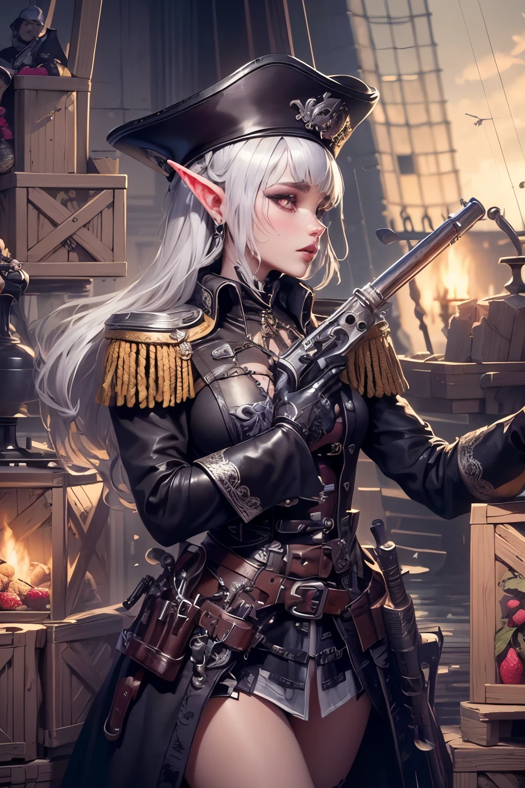 (Ultra-detailed face, Looking Away, Gothic Illustration, Dark Tone Colors.) , BREAK
(A medieval European-style military port during wartime. A female dark elf officer, in a bold pose, instructs sailors to use a wooden crane to load a large number of crates containing shells with pineapple designs stacked on wooden pallets and a long, narrow box containing a harpoon with a heart-shaped strawberry at its tip. She has a flintlock short gun with a banana design inserted in her waistband.) , BREAK
(The female dark elf officer has white hair and white eyebrows, crisp bangs, long wavy hair to her waist, small pink lips, lavender eyes, dark purple skin, and dark eyeliner.), (She wears a shiny black bib necklace with a net covering her neck. She wears a purple medieval European classic naval officer style lace up dress with embroidery and gold braid. She wears black boots with silver embellishments.)