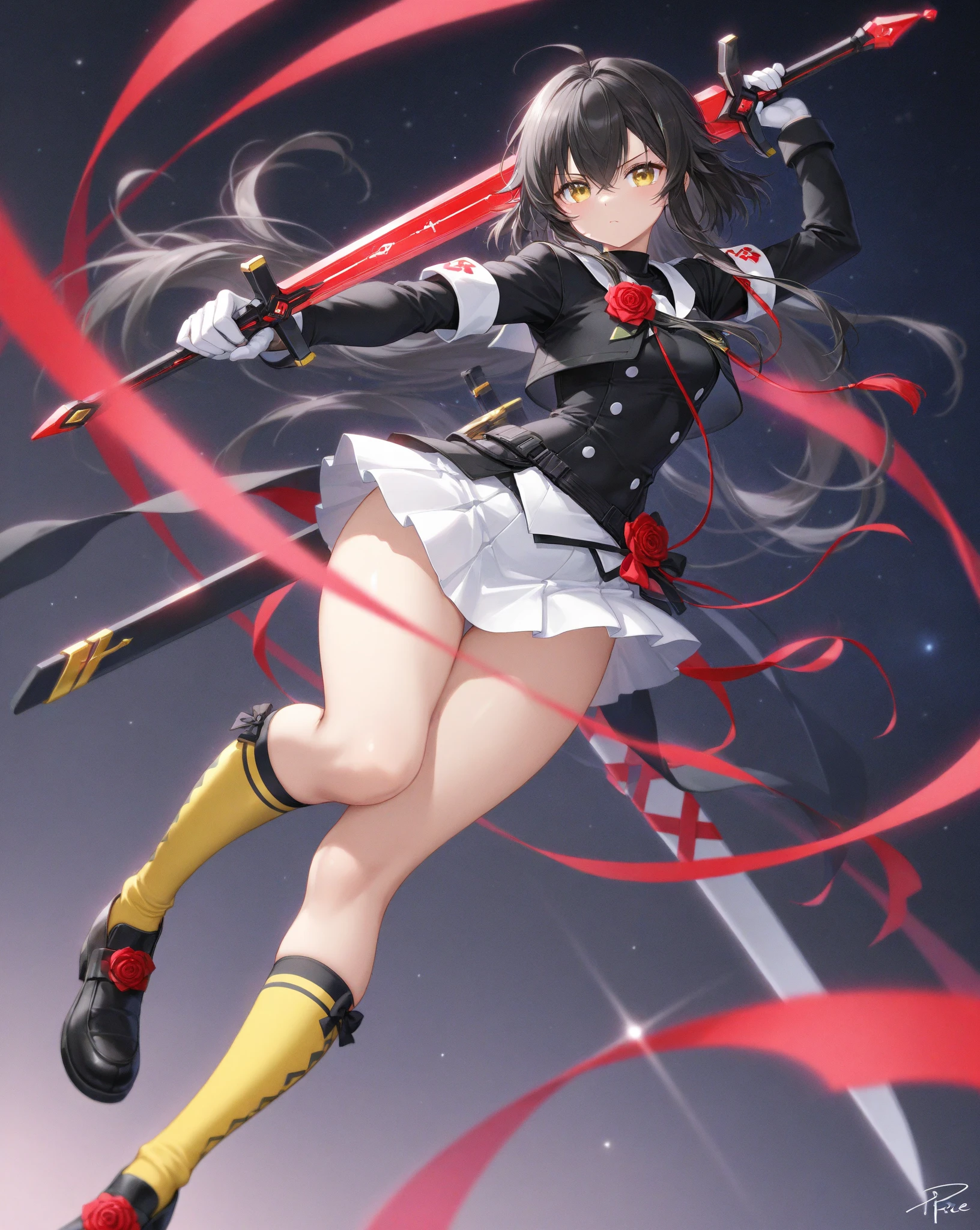 A women, long brown hair [Wavy hair at the end of the hair,], blue eyes [bright pupils 1.5] break 
White shirt[with white shirt collar], Black jacket[Zipped up half way], Space blue short, Black gloves[short gloves,cover only the wrist and middle finger], Black tights [cover until it reach the waist], White legs warm, Brown belt, Blown boots [Short]. Break 

