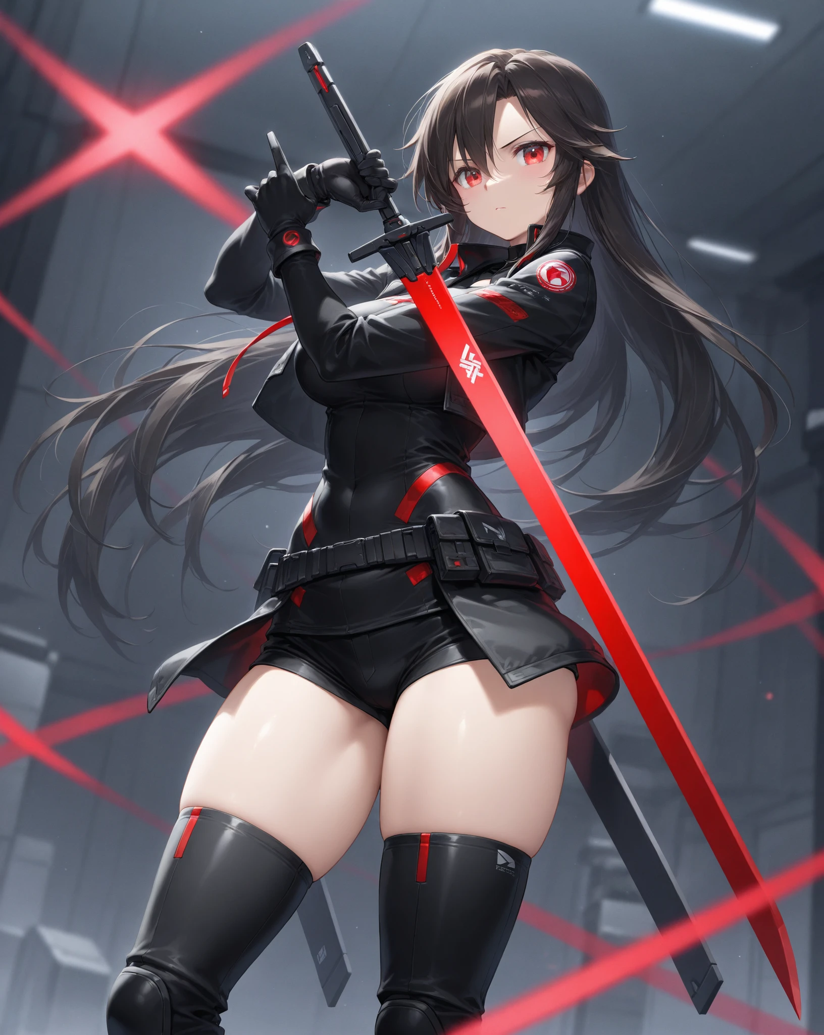 Brunette beauty,Comb high ponytail,curlies,long whitr hair,Wears a black tight leather jacket,exposing her chest,Black shorts,Black leather shoes,A blood-stained short knife in his hand,Run in a dark city,The speed is so fast that there is an afterimage,black lence stockings,The background color is dark,red pupils,dyna