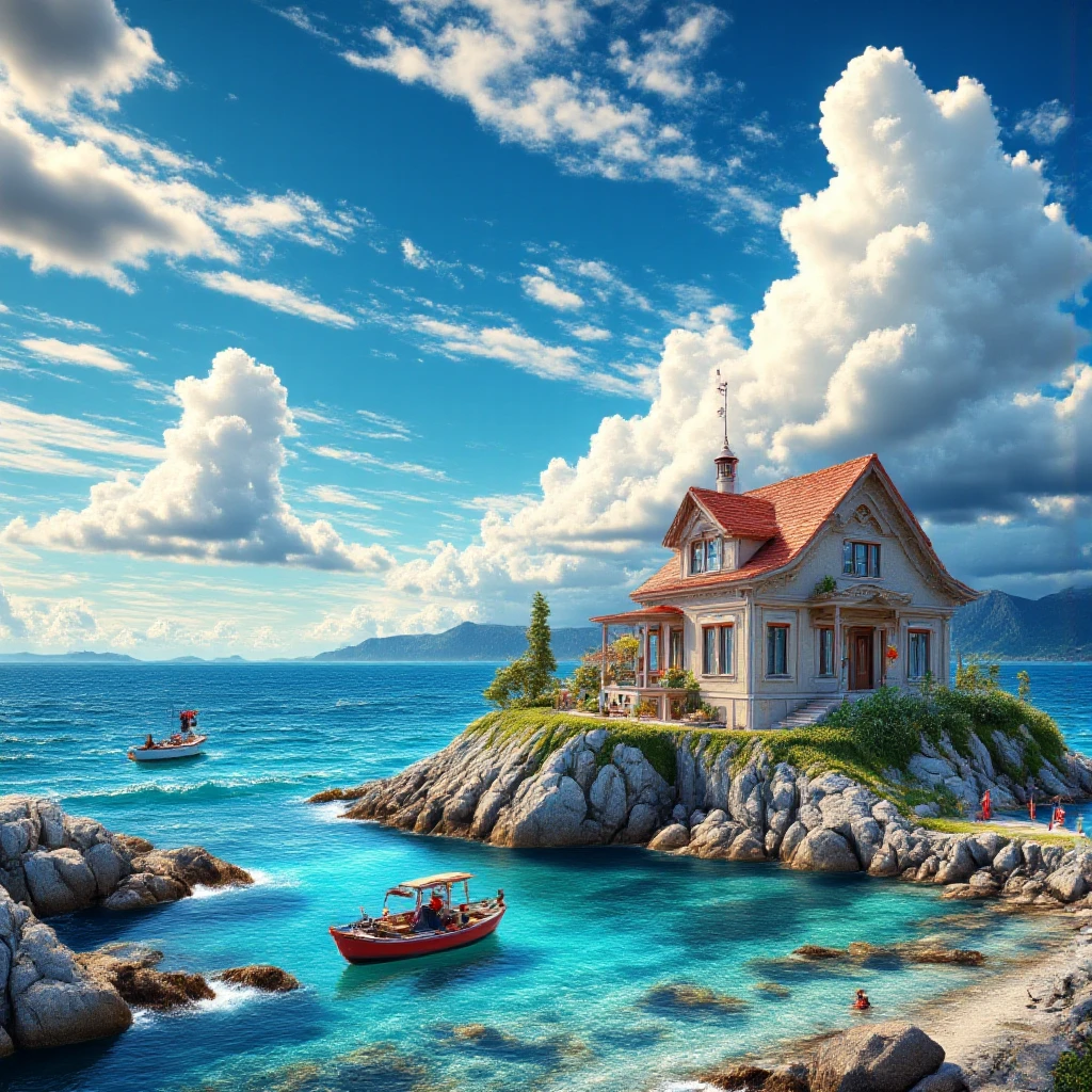 a hyper realistic anime house by the seaside, ocean view, cloudy sky, best image quality, highly detailed, masterpiece, 16K UHD, photorealistic, physically-based rendering, extreme detail, professional, vivid colors, HDR