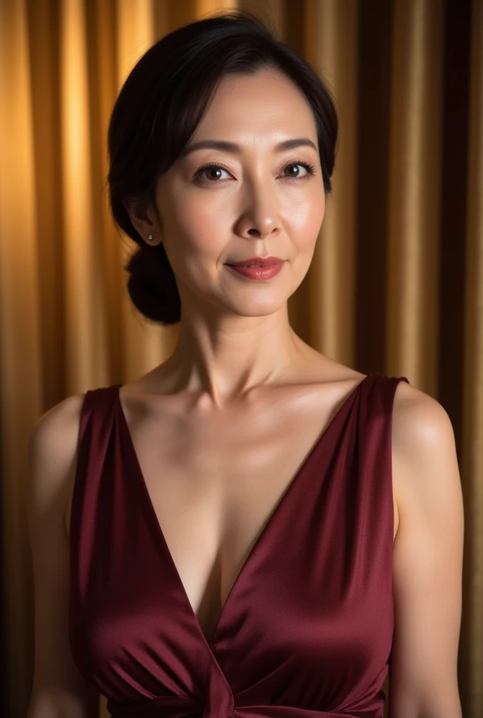 in the spotlight, gravure, facing the front, ((red lips)), flashy makeup, from the chest up, masterpiece, highest quality, Super detailed, realistic, super dense skin, perfect anatomy, (1 Japan), (alone), 100 years old, big breasts, mature politician, Glamour, sexy, pure white skin, looking at the viewer,
