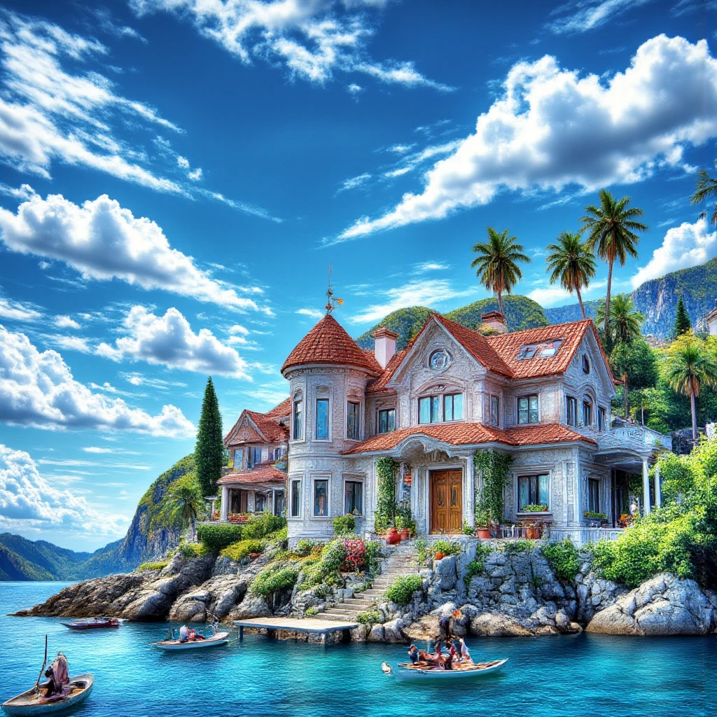 a hyper realistic anime house by the seaside, ocean view, cloudy sky, best image quality, highly detailed, masterpiece, 16K UHD, photorealistic, physically-based rendering, extreme detail, professional, vivid colors, HDR