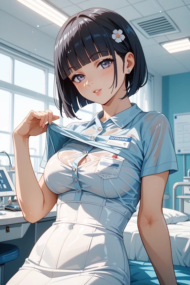 ((最high quality, 8k, masterpiece)), High resolution、（high quality: 1.5）、Very detailed、Detailed face、Bright colors、Natural light、Fine grain、Colorful eyes、Beautiful Face、非常にDetailed faceのテクスチャの女性,masterpiece, 最high quality, Detailed and beautiful eyes,最high quality、Best image quality、masterpiece、Mr.々Hairstyle,girl,Just beautiful、smile,masterpiece、最high quality、so beautiful,Panty shot,High resolution,Mature Woman,Nameplate,Medical Record,(super clean),nurse,nurse,nurseキャップ,see a doctor,1 person,clear,make,(hospital),(smile)、smile,(masterpiece:1.2)、(最high quality:1.2)、Latest Glossy Skin