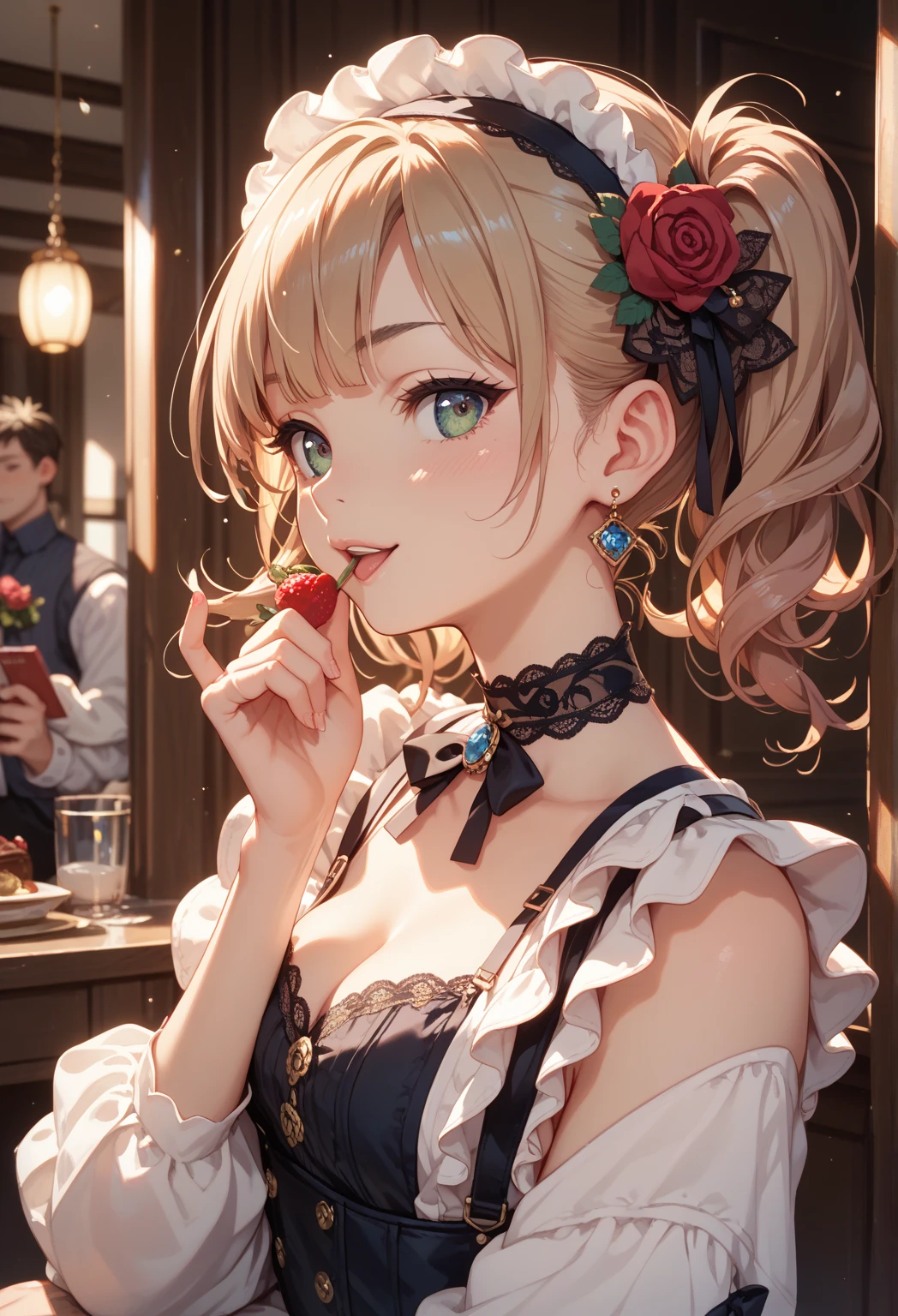 (Highest quality, masterpiece), (Ultra-high resolution, 8k RAW photos, Photorealistic:1.5, Fabric Shading, Thin contours, Clear focus:1.2), Beautiful mature woman making tea_Garden party, Standing by the round table, (Meisen tea set, you can, Tea cup, Some cakes on a plate), Delicate and elegant baroque style white table with gold accents and royal ornaments_green, Light wear_茶色のMaid clothes, Cleavage, Maid clothes:1.2, Long Flared Skirt, apron, Bow tie on chest, Tall Sally, Long legs, Gray Hair, (Wearing thin glasses:1.2), (Mature Woman:1.5, 28 years old, alone), (Large Breasts, Saggy breasts, big , Tight waist), (medium short Gray Hair, Hair on one eye, (Updo:1.2), Side Lock, Asymmetrical Hair, Wavy Hair), (Bright Eyes, Fine grain, A face with attention to detail, perfect face shape, Bloodshot eyes), (A seductive smile, Half-close your eyes), (Looking at the audience:1.3), (Dynamic Angle, whole body, From above:1.2), ((Correct Anatomy:1.5, The right move)), (Ideal body proportions), (Outdoor:1.2, grassland), 