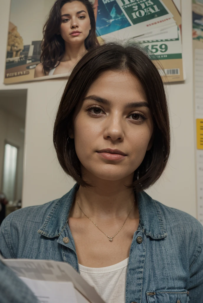 pretty woman, at office, working, looking at me, tired expression
