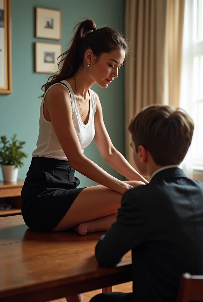 A step mom sitting on a table and her step son on a chair(sexual tension)