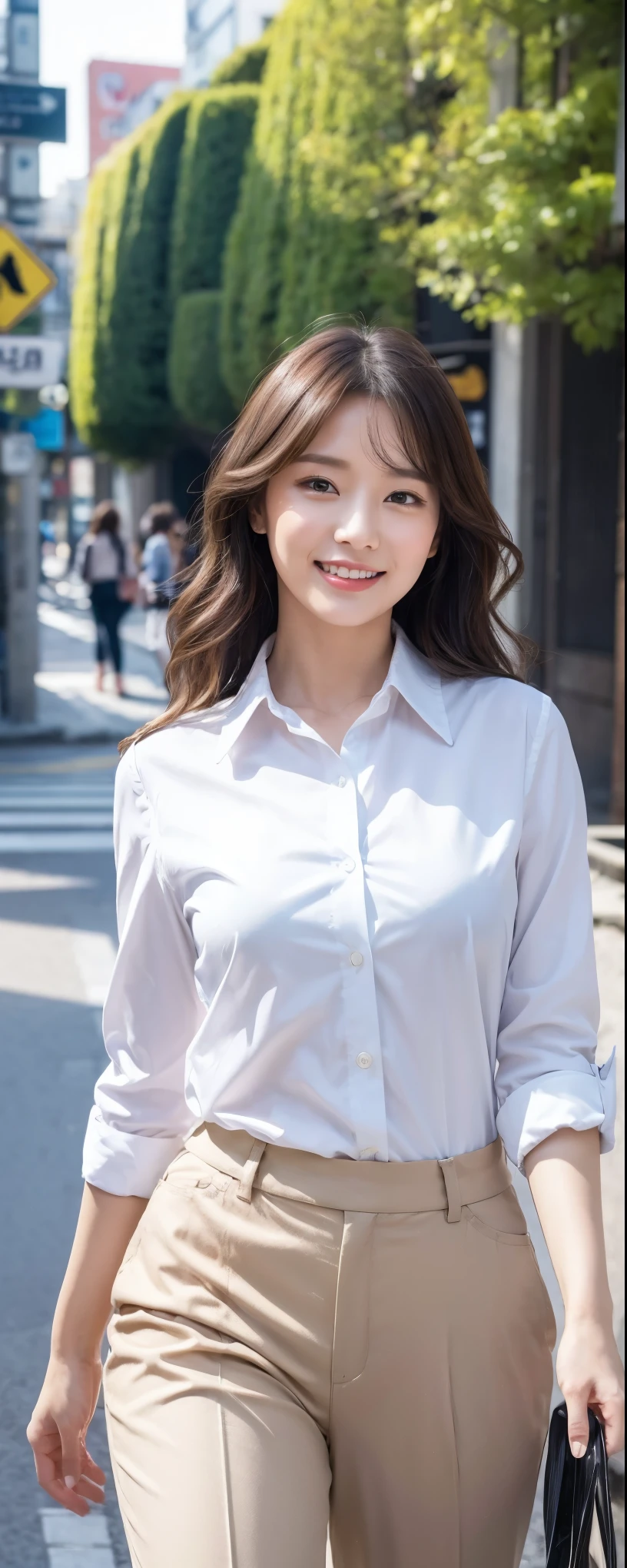 (top-quality、超A high resolution、​masterpiece:1.3)、A tall and pretty woman、longeyelashes, Solid Circle Eyes, striated hair, light brown hair, hair behind ear, Long hair with bangs, shortpants, a miniskirt, longeyelashes, Parted lips,  surrealism, drop shadow, anaglyph, stereograms, surrealism, Verism, depth of fields, Backlighting, Expose F/1.2, One-person viewpoint, Super Detail, ccurate, Best Quality, nffsw, masutepiece, Textured skin, Best Quality, hard disk, 8K, Parks in the city, blurry backround, ((big breasts thin waist)), skinny thigh, (Colossal tits:1.1), Natural Color Lip, Smile, Collared shirt, Black pantyhose, long legged, Young woman in perfect style, Tight mini skirt suit