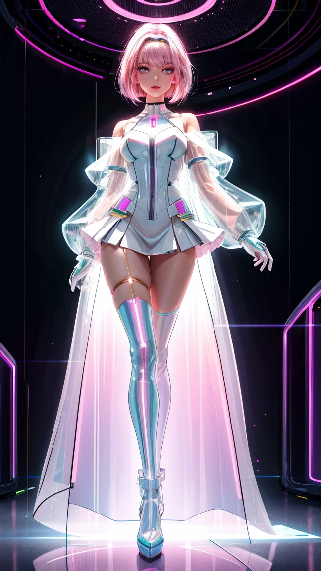 Saint Seiya-style 2D anime touch, lonely world, completely mirrored room, slim and cool beautiful girl, toes, full body image from the front of graceful standing figure, gorgeous and sexy white lingerie, garter belt, navel, high leg, asymmetrical gorgeous decoration, knee high, indirect protector, pink semi-long hair, ultra-thin lace see-through super mini skirt