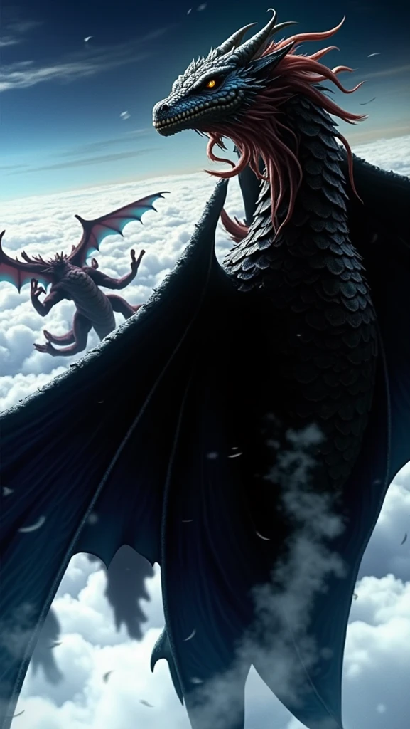 A black dragon attacks the city. Female students stand and watch., Excellent quality, Masterpiece, best quality, Realistic picture, realistic light