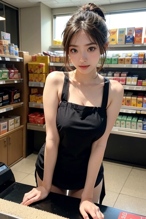 ((top-quality、8K、masterpiece:1.3))、 girl、1 Beautiful Japan Girls、Slender beautiful woman:1.3、semilong hairstyle、(Black naked apron:1.3)、hyperdetailed face、A detailed eye、double eyelid、Cafe Background、Chilarism、Just the right size breasts、You can see the chest、fully body photo、beauty legs、Beautiful legs、Troubled look、Embarrassed look