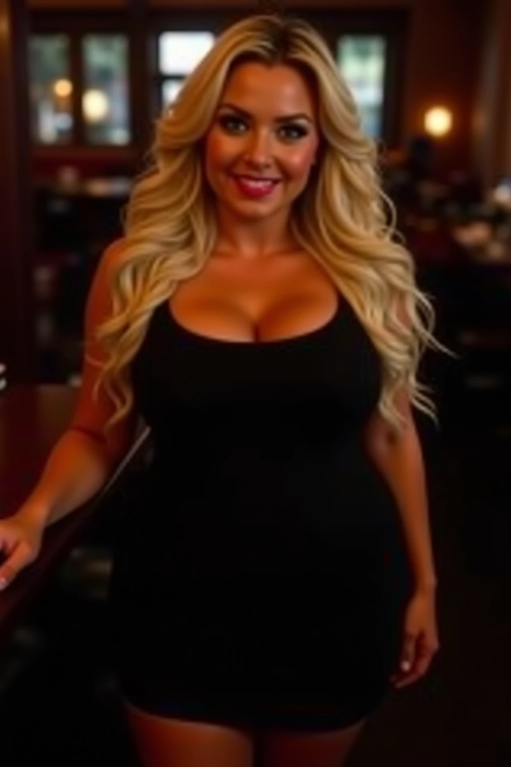 40 years old mature Caucasian fat woman wearing a elegant party dress inside night club, night time, cleavage, long straight blonde hair, big hips, standing up, full body picture, chubby, bbw, trick thighs, make-up, lipstick, serious, Very detailed, High resolution, Masterpiece, Best Quality, complicated details, Very detailed, sharp focus, detailed skin, realiste Hauttextur, texture, detailed eyes, professional, 4k, charming smile, taken with Canon, 85mm, light depth of field, Kodak Vision Color, perfectly fitted body, extremely detailed, Photo_\(ultra\), fotorealist, realist, Post processing, maximum details, roughness, real life, ultrarealist, Photorrealismo, Photo, 8k hd, Photo
