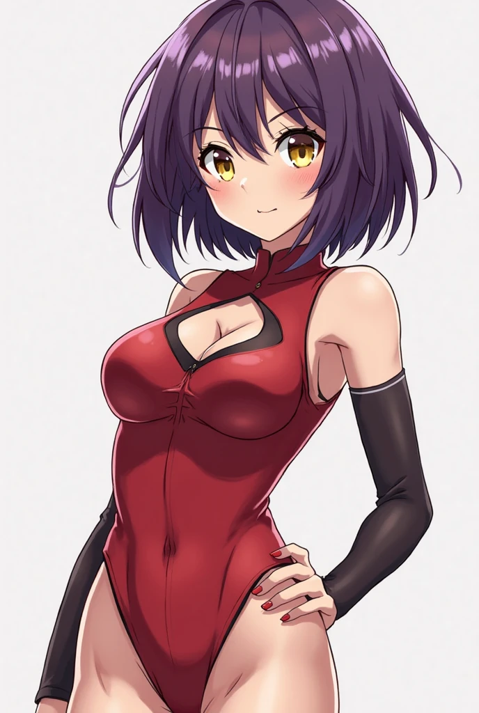 <lora:black_sclera3:1.0> , black_sclera, colored sclera, 1girl, arm at side, arm up, bangs, black eyes, black hair, blush, covered navel, crossover, grey background, hair between eyes, hand behind head, highres, multicolored, multicolored hair, navel, plugsuit, redhead, short hair, simple background, smile, solo, standing, tight, turtleneck