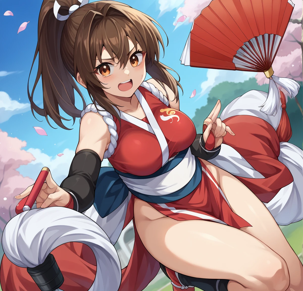 masterpiece, best quality, <lora:shiranui mai:1.3 >, 1girl, shiranui mai, red theme, brown hair, japanese clothes, japanese clothes, medium breasts, sleeveless, highleg panties, high ponytail, bangs, hand fan, high kick