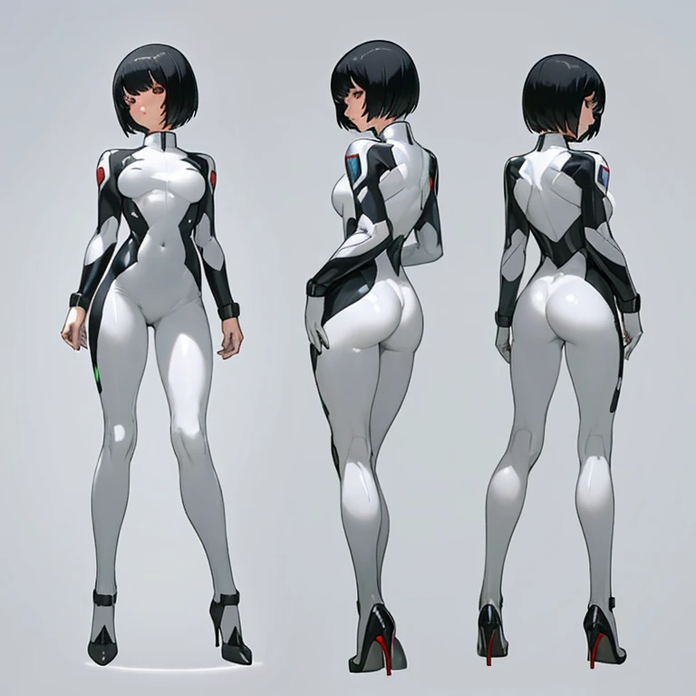 woman, black suit, space suit, character design sheet, different poses, different angles, concept art, star war, Sith, orange eyes, short black hair