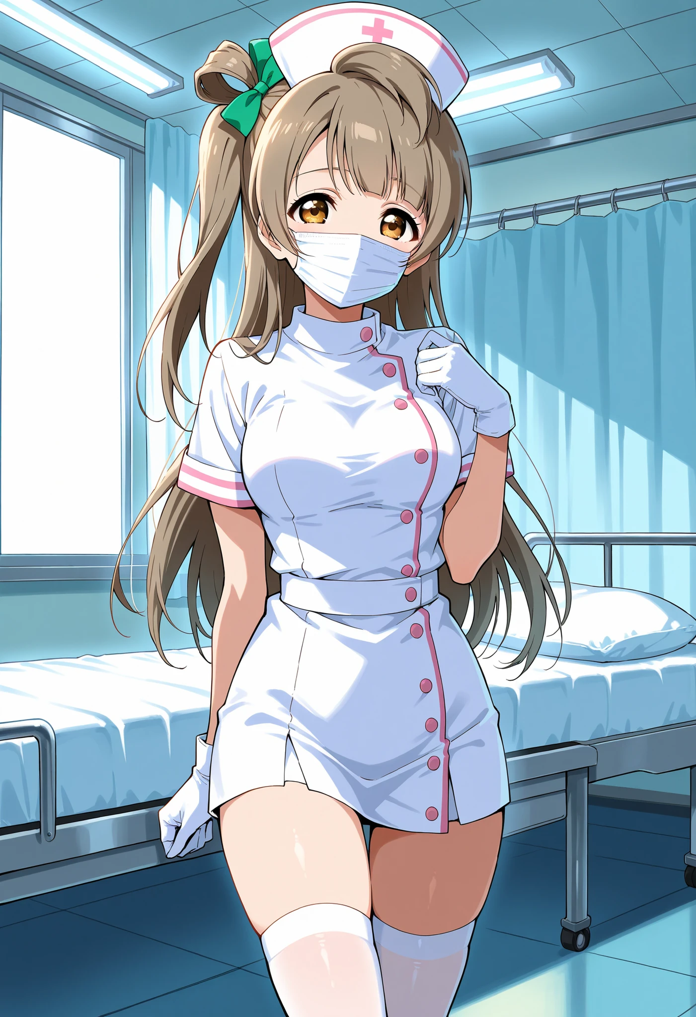 Score_9, score_8_up, score_7_up, source_anime, minami kotori, solo, brown hair, brown eyes, one side up, hair ribbon, ribbon, long hair, (best quality), (high quality), {masterpiece}, extremely delicate and beautiful, ultra-detailed, beautiful detailed eyes, nurse, nurse hat, ((white nurse's outfit)), white gloves, white thighhighs, hospital room, ((white mask, mouth mask, covered nose)), standing