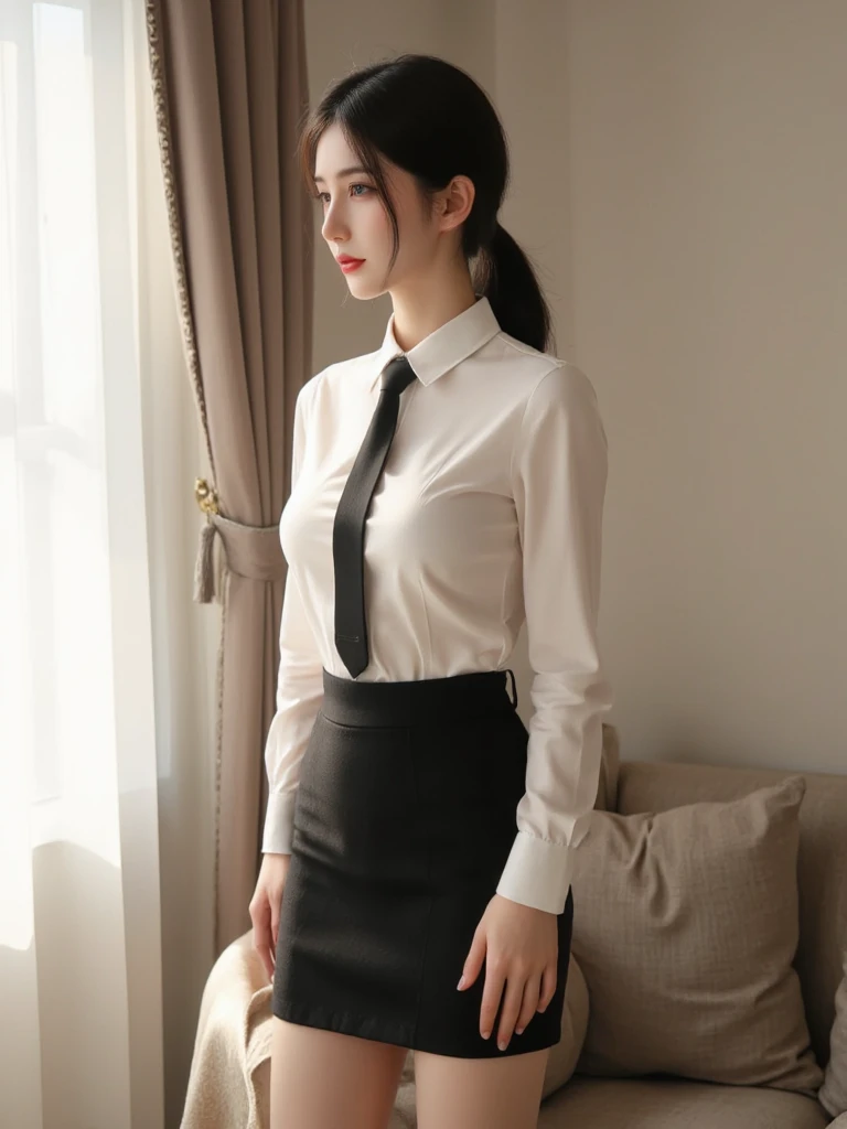 (masterpiece, Highest quality:1.4), (whole body:1.5), (Desk support:1.5), (Sexy pose:1.2), hand \(Chainsaw Man\), One girl, bangs, indoor, black tie, Black trousers, Braiding, Braidinged ponytail, collared shirt, High resolution, Long Hair, Long sleeve, tie, Redhead, The eyes are round, shirt, Side Lock, alone, uniform, white shirt, Yellow Eyes, Medium chest(G-Cup), Beautiful smile, Beautiful Face, Highly detailed face, Highly detailed eyes, Highly detailed skin, Skin pores, Scattered beneath the surface, Realistic pupils, Apply blush all over the face, Fuller lips, Depth of written boundary, Volumetric lighting, Sharp focus, Absurd, Realistic proportions, Excellent anatomy, (Realistic, hyperRealistic:1.4), 16k hdr