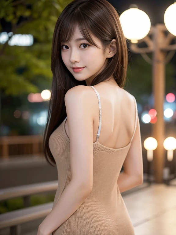 masterpiece、1 beautiful girl、Detailed eyes、Puffy eyes、Highest quality, 超High resolution, (Reality: 1.4), Cinema Lighting、Japanese、Asian Beauty、Super Beauty、Beautiful Skin、Slender、Body facing forward、(Surreal)、(High resolution)、(8K)、(Very detailed)、(Beautiful and detailed eyes)、(Ultra-detailed)、 (wall-)、Detailed face、Bright lighting、Professional Lighting、View your viewers、Look straight ahead、(The costume is a knit dress)、Long Hair, My hair is messy, Asymmetrical bangs, 、Night Scenery、Brown Hair、Japan is an idol、Korean Idol、Gravure idol pose、、Age 21、expensive, smile,