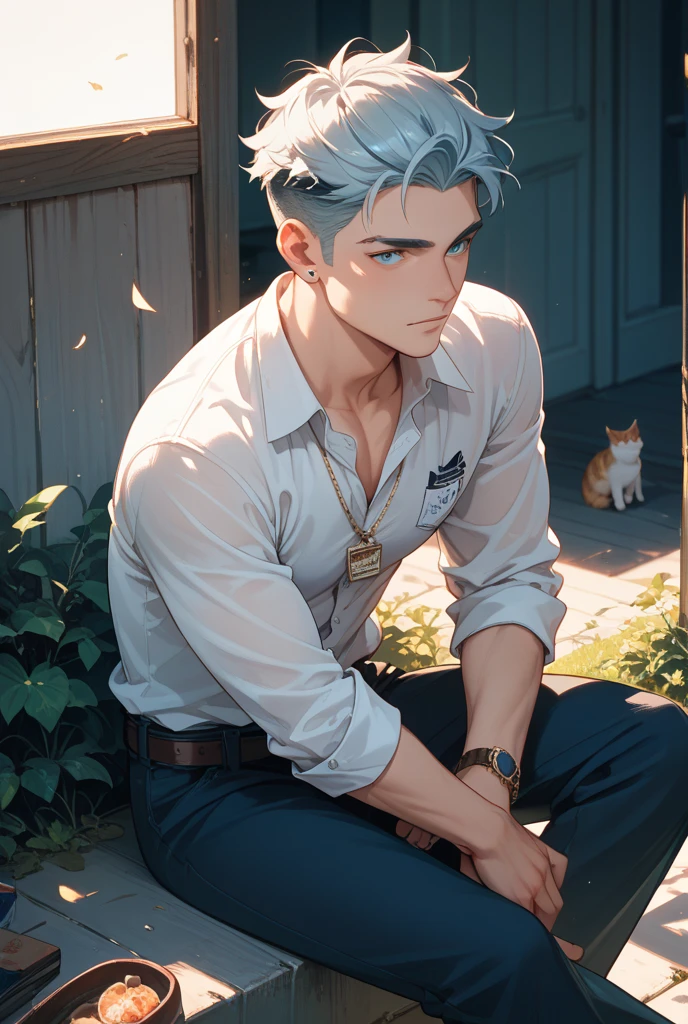 masterpiece, best quality, 1 male, adult, tall muscular, handsome, finely detailed eyes, intricate details, white hair, background is back alley, detasiled sunlight, sitting, Little cats are gathered next to him, dappled sunlight, day, depth of field, plants, summer