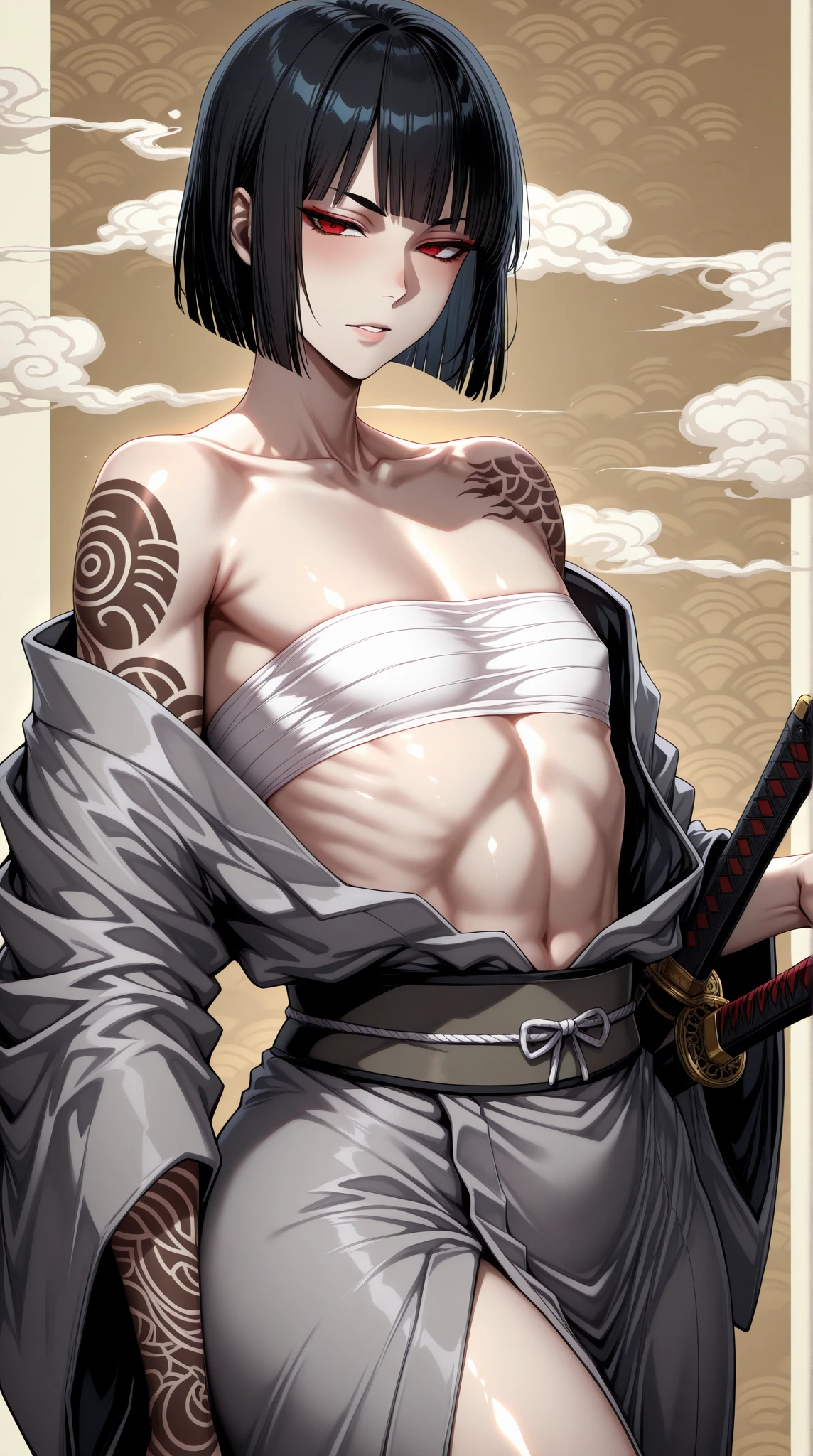 (high resolution, pixel perfect, gorgeous illustrations), (hyper quality, muste piece, etheric: 1.4), ((nsfw)), (((cowboy shot))), face focus, ((1girl)), (((Androgynous))), ((((sexy pose, open stance)))), cool atmosphere, black hair, ((((bob cut)))), (((Exquisite face))), blush, ((female)), (ideal ratio body proportions, slender, small breasts), (((armor, loincloth))), sweat, shiny skin, gleaming skin, simple background,