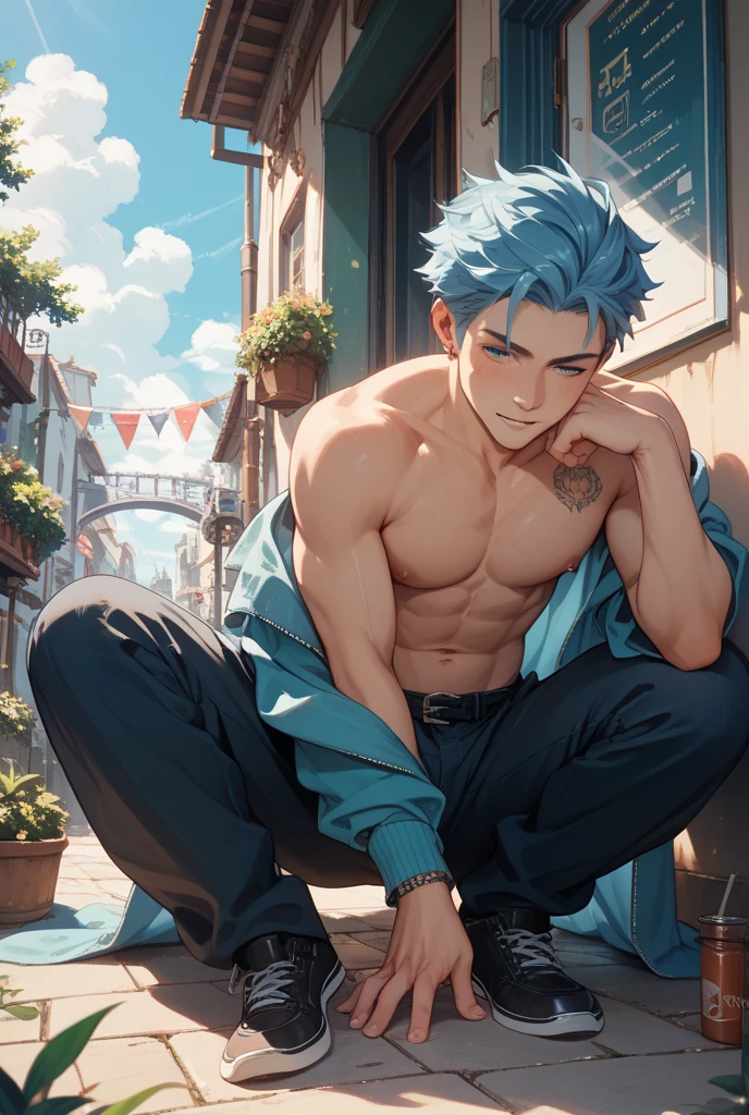 ((masterpiece:1.2, best quality)), 4k, adult, 1man, male, royal, nobleman, forehead, long straight hair, blue hair, gold eyes, winter, snow, night, [[smile]]