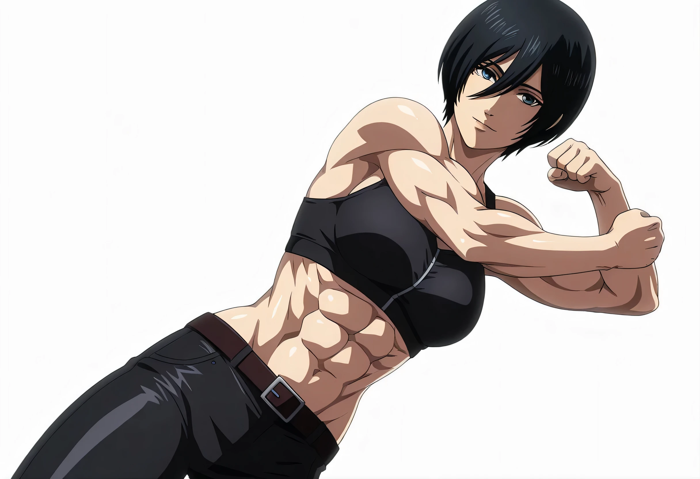 anime coloring, anime screencap, mikasa ackerman, 1girl, solo, short hair, black hair, towards viewer, badass, closed mouth, black sport bra, , belt, black pants, standing, cowboy shot, looking at viewer,, white background, simple background, masterpiece, best quality, highres, very aesthetic, very awa, newest, amazing details, intricate details, ultra detailed,six-pack,bluge between mikasa legs indicates that she have non erect penis,tone six-pack,lean,Matching design own anime,metal muscles designed,sexual pelvis muscles,mikasa handsome face,mikasa princes face,serratus anterior muscles,light smile,mikasa sexual energy enough to do 50 orgasms,sporting body, fists up in fighting pose,armpit appear,mikasa love internet is females,mikasa tall is 176cm,mikasa weight is 100kg,