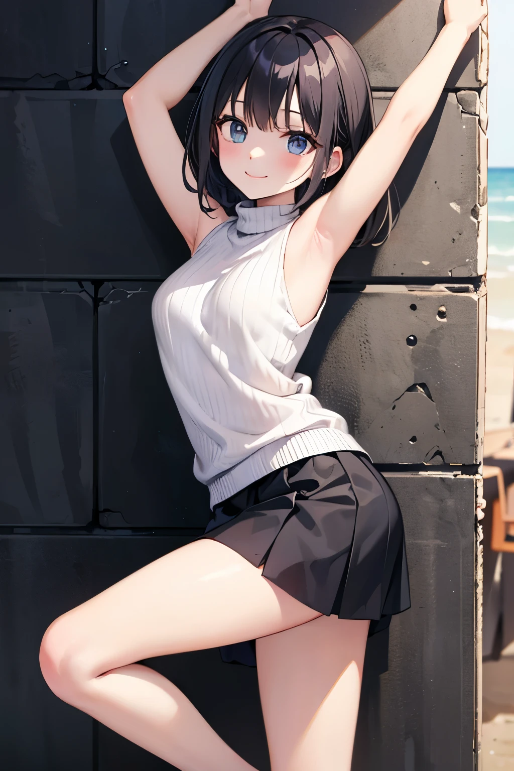 and both arms are raised directly above　 stretching out 　leaning against the wall(is standing)　Being at the beach　Black Shorthair　sweater(sleeveless)　Mini flared skirt(20 cm above the knee）　smile　　　　　　　　　　　　　　　　　　　　　　　　　　　　　　　　　　　　　　　　　　　　　　　　　　　　　　　　　　　　　　　　　　　　　　　　　　　　　　　　　　　　　　　　　　　　　　　　　　　　　　　　　　　　　　　　　　　　　　　　　　　　　