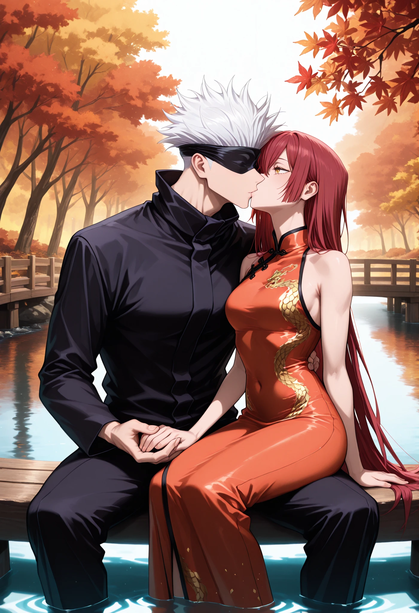 (masterpiece), (highest quality), (very detailed), (the best shape), (best shadows), (absurd), (so beautiful), beautiful eyes in every detail, unusual, 8k, 32K, high resolution, very detailed e CG, score_9, score_8_high, score_7_high, Those_anime_series, cinematic, BREAK 1 man, satoru gojou, jujutsu kaisen, black blindfold, white hair, short hair, cool, trained body, muscular, chinese kimono, BREAK couple, duo focus, hetero, look at each other, face to face, kissing, deep kissing , size diefference, height difference, Japanese autumn landscape, mountains covered in vibrant autumn foliage, with shades of red, orange, and yellow blending harmoniously, stream flows through the scenery, with fallen leaves floating on the water, warm sunlight gently illuminates the landscape, dynamic pose, cute pose, wooden bridge over the river, sitting on the wooden bridge next to each other, holding hands, looking at each other in love, deap of field, dynamic angel, wide angel shot BREAK 1girl, golden eyes, red hair, very long hair, long side parting, hair between the eyes, cool, sexy, beautiful, petite, red Chinese cocktail dress with golden dragon pattern