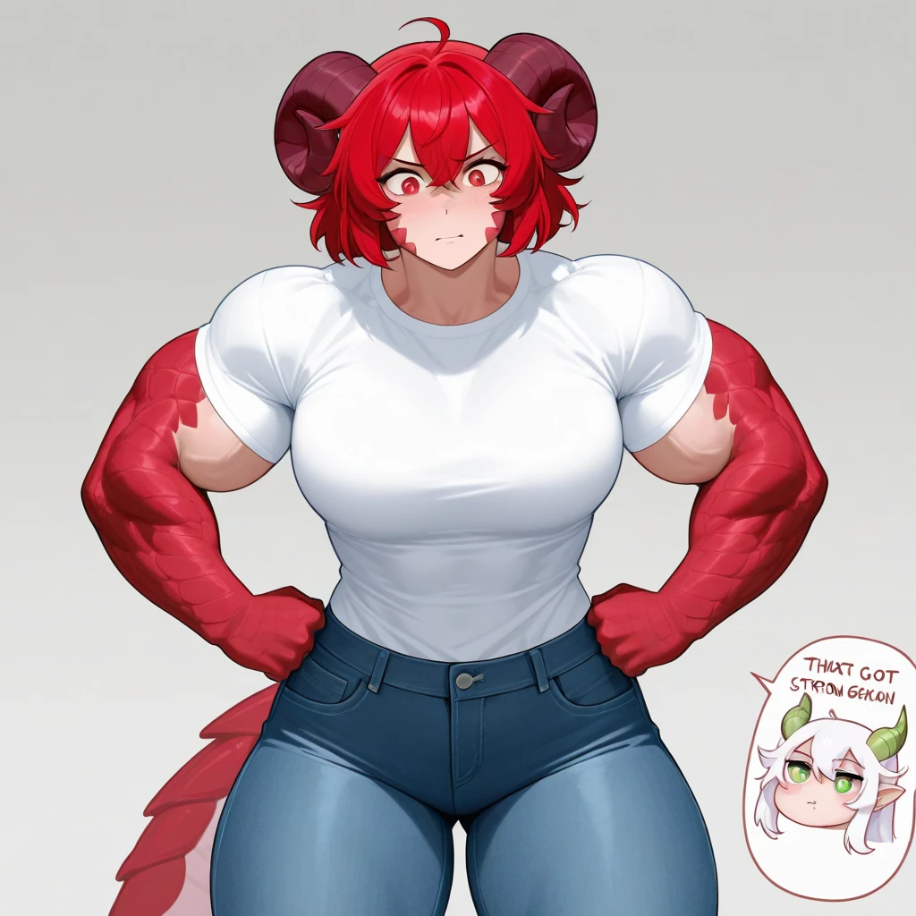 Draw me dragon-girl. She got long red hairs, curled horns, red scales, that covers her arms, sides, neck and cheeks. She got strong muscular body. Her eyes green with thin pupils. She wears thin jeans and white shirt with short sleeves. Her face concerned, hands lays on .