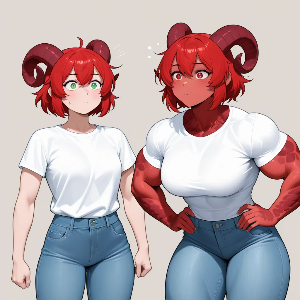 Draw me dragon-girl. She got long red hairs, curled horns, red scales, that covers her arms, sides, neck and cheeks. She got strong muscular body. Her eyes green with thin pupils. She wears thin jeans and white shirt with short sleeves. Her face concerned, hands lays on .