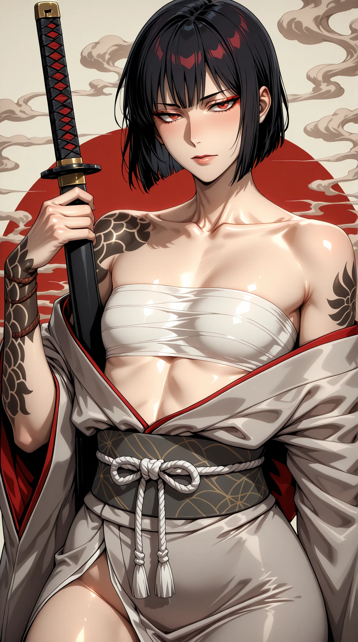 Wear a kimono with a skeleton pattern,Naked Women,Large Breasts,Big Breasts,There is a torii gate in the background.,The genitals are visible,