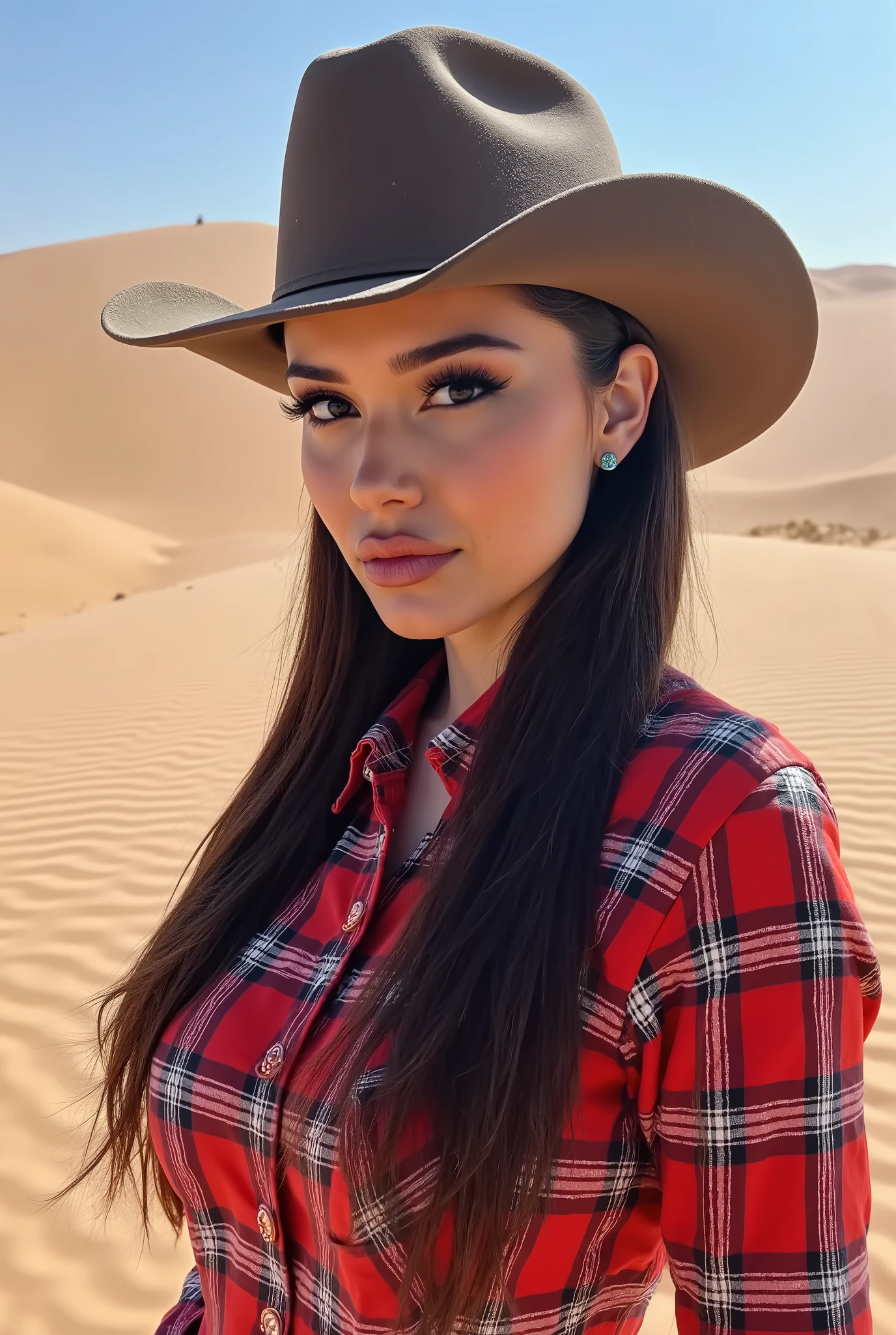 headshot of a stylish woman,in a (desert:1.1),wearing a (plaid-shirt:1.1),(cowboy-hat),(8k, RAW photo, best quality, depth of field, ultra high res:1.2),(absurdres, intricate, photorealistic, masterpiece, ultra-detailed:1.3)