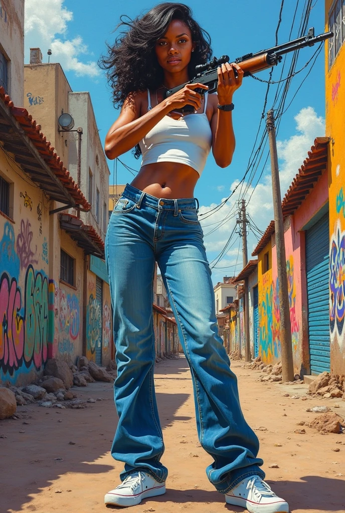 Curly brunette on a favela motorcycle