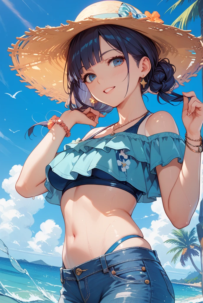Full body image, face and hairstyle looks just like Minami Hamabe, beach, swimsuit, slim body, big breasts, huge breasts, beautiful breasts, beautiful legs, long legs, high heels, small buttocks, gravure idol, campaign girl, smile, natural pose, Clear blue sea, white sandy beach, sexy swimwear, hair blowing in the wind, bright smile, charm, confidence, bold and exciting, extreme string bikini, triangular bikini too small, stringy micro bikini, T-front pants, V front pants, digging in, sticking out, see-through swimsuit, short hair, black hair, topless