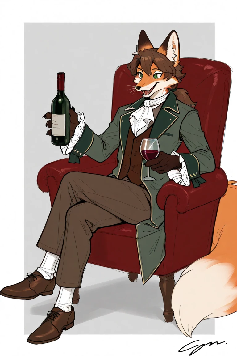 wear glasses,masterpiece, high quality,, Thick-cut dessert, Yes,green hills,Red hair all over, male wolf,short hair,portrait, Bright Eyes,The eyes are gray,White belly,The tip of the tail is white,White palms and soles,Palm White,Meatballs Pink,Character focus.(Detailed background:0.7),solitary,hairy,hairy male ,Hana Charcoal,(Body hair, hairy尾巴, red fur,),Long canine teeth,Background cafe,Butler clothes