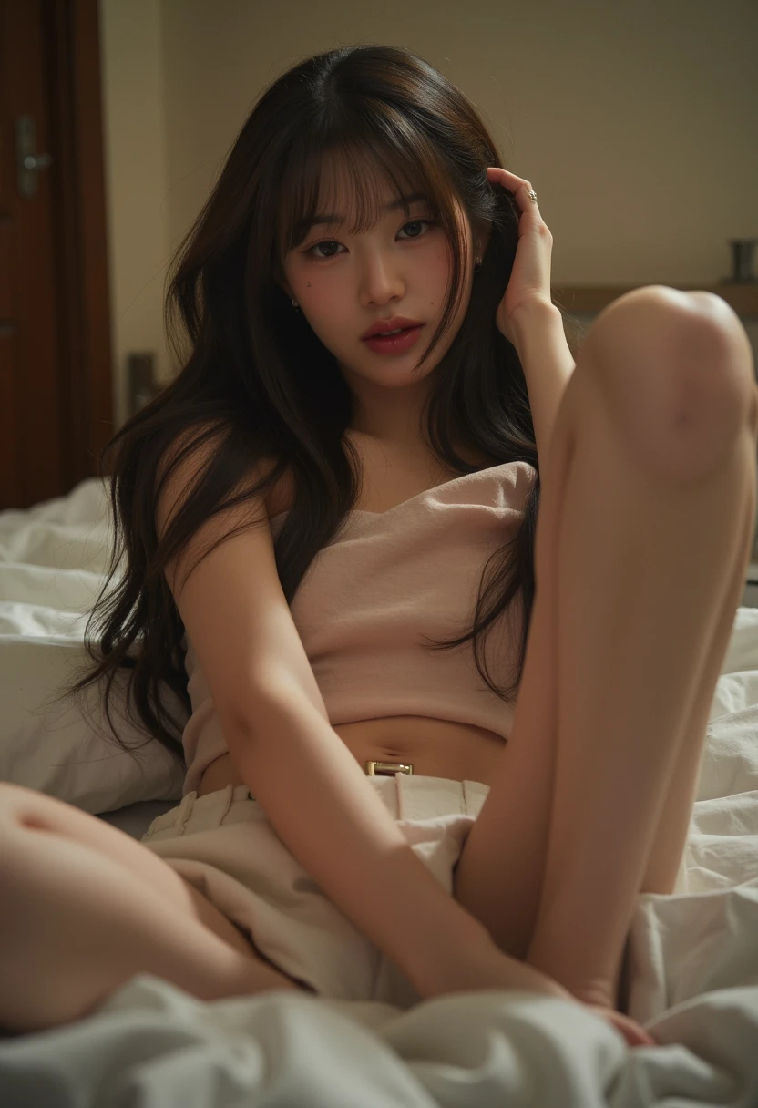 There is a woman sitting with her hair pulled back., Transparent long T-shirt、下半身はWear nothing、Sitting on the bed、shikamimi, Korean Girls, sakimichan, beautiful south Korean women, Korean women, Yoshitomo Nara, For whom?, harumi, Hair, Park Jimin, Choi Hong-hwa, narumi kakinouchi、Semi-long hair、Loose and fluffy hair、breeze、Bedroom、Wear nothing、No underwear、No bra、Open clothing、Angle from below、Center of chest、Quite embarrassing、