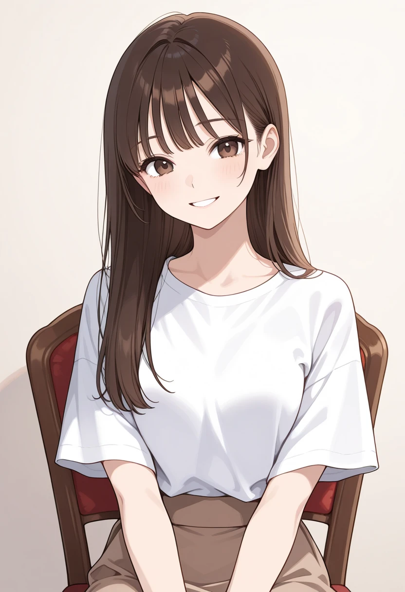 side angle, (Placing hand on cheek:1.2)、Biologically correct five fingers、 Upper Body, Realistic, real person, (pale skin: 1.2), RAW photo, photorealistic, portrait photography, shiny skin, japanese idol、shiny hair、(25 year old woman with medium hair with bangs) and (wavy hair) and (brown hair) and (orange eyes) , plain white t-shirt 、smile, open mouth, The background is the living room、Alone、Are standing