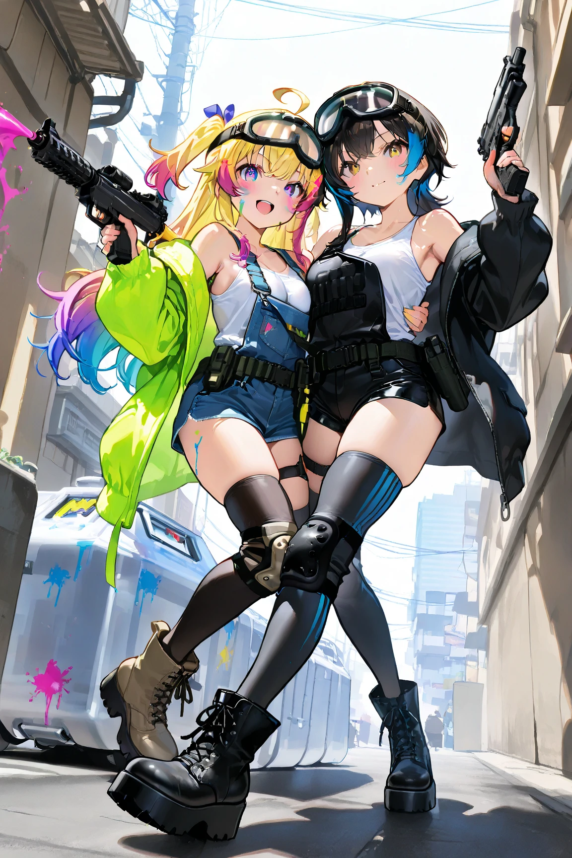 girl with blue-green eyes, wavy hair, long black hair. Comfortable clothes, balanced chubby girl's body, full body. chaotic scenery and a confident Pose. girl with some accessories such as: A wireless earphone, one on each side of her ear. A wireless earphone, one on each side of her ear, a cell phone in her hands and eyes closed. Dressed in: a green cropped top with bunny accessories, a bunny ear on the hood, a tight black skirt, tight black stockings, black boots. Beautiful scenery